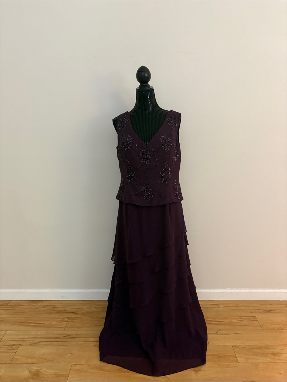 V-Neck Beaded Tiered Maxi Dress - Deep Plum